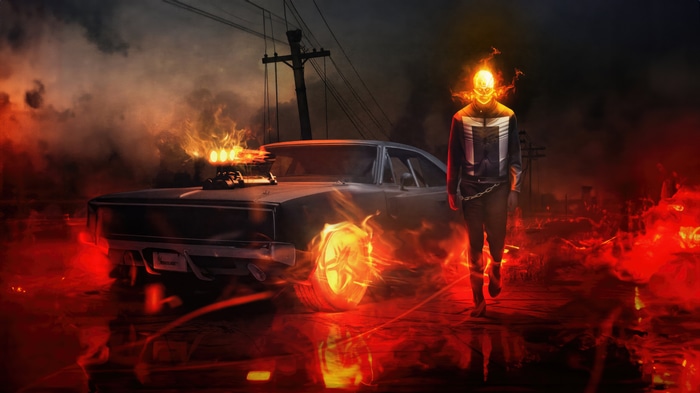 Ghost Rider and car in flames 4K