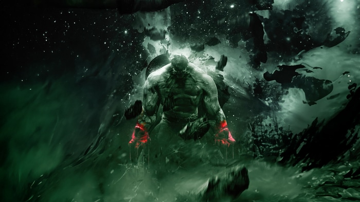 Hulk in a cosmic environment with red glowing hands