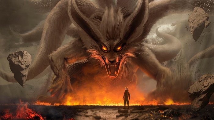 Kurama and Naruto in a fiery landscape
