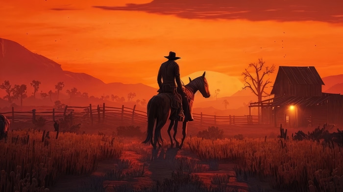 Red Dead Redemption 2 Cowboy on Horseback at Sunset