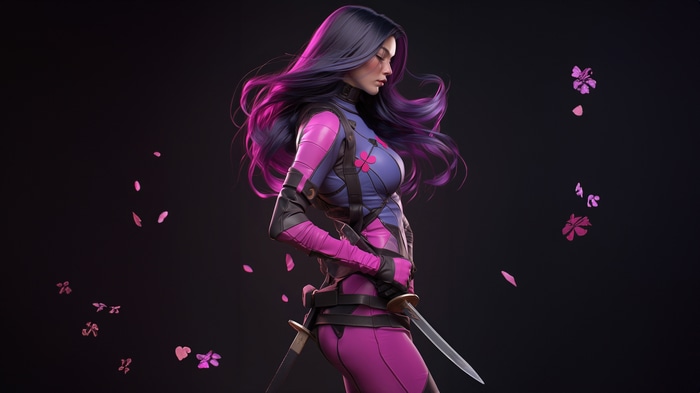 Psylocke artwork with pink and purple suit