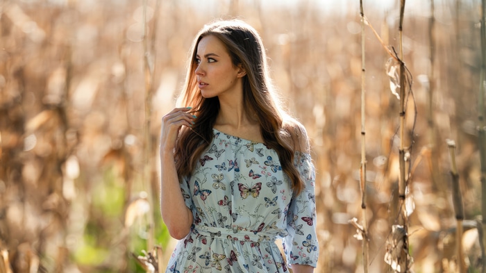 Model in a butterfly dress in a field