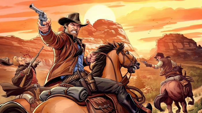Red Dead Redemption 2 artwork of cowboys in a shootout