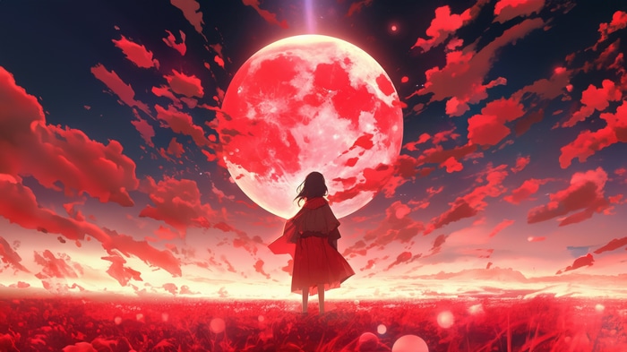Anime girl in red dress under a red moon