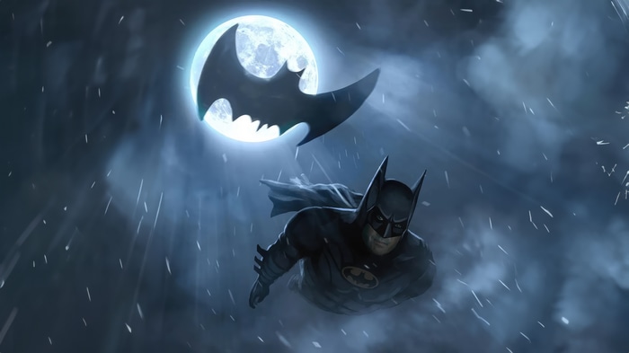 Batman in front of the Bat-Signal moon