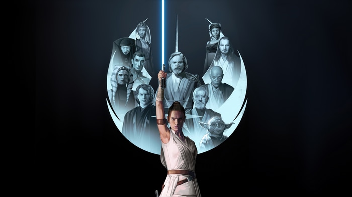Star Wars Characters with Rey Holding a Lightsaber
