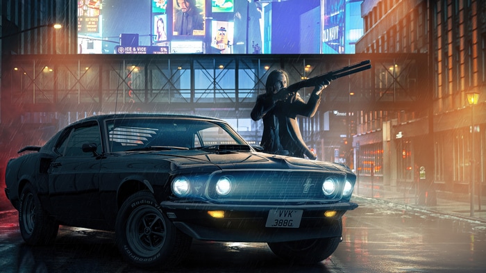 John Wick with Shotgun next to a Ford Mustang