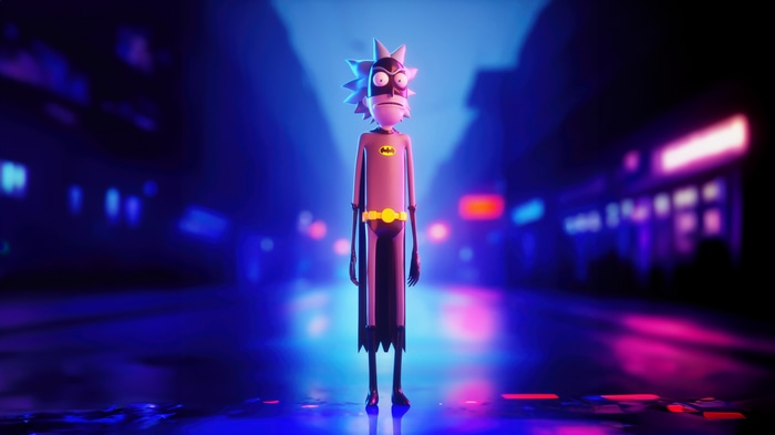 Rick Sanchez as Batman in a Neon City