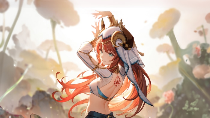 Nilou from Genshin Impact dancing in a fantasy world