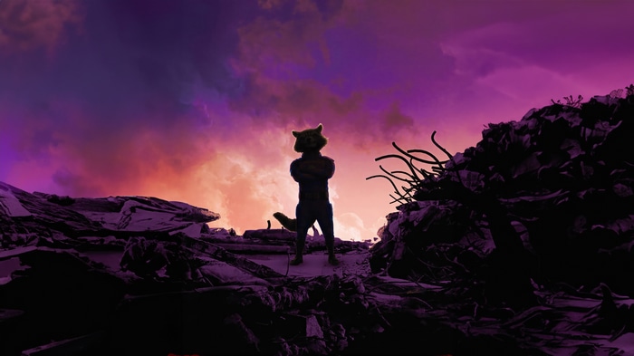 Rocket Raccoon in a destroyed landscape