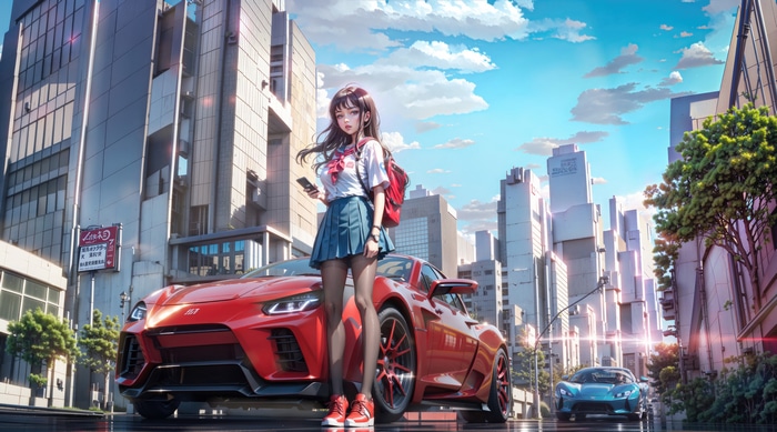 Anime girl with red car in city