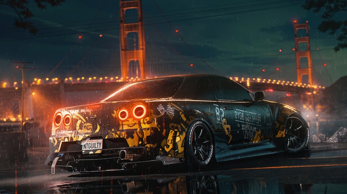 Nissan GT-R in the rain at night