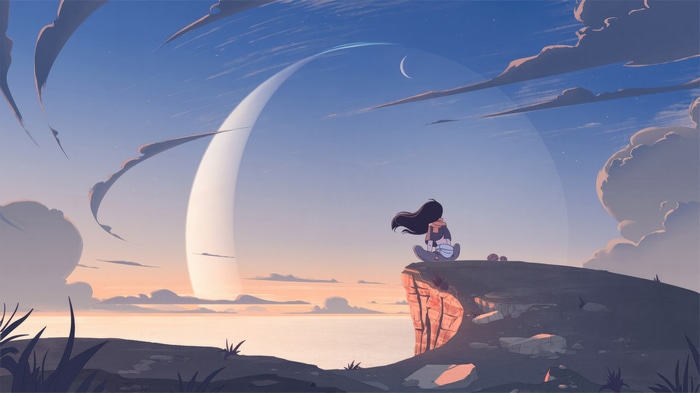 Girl sitting on cliff overlooking alien landscape