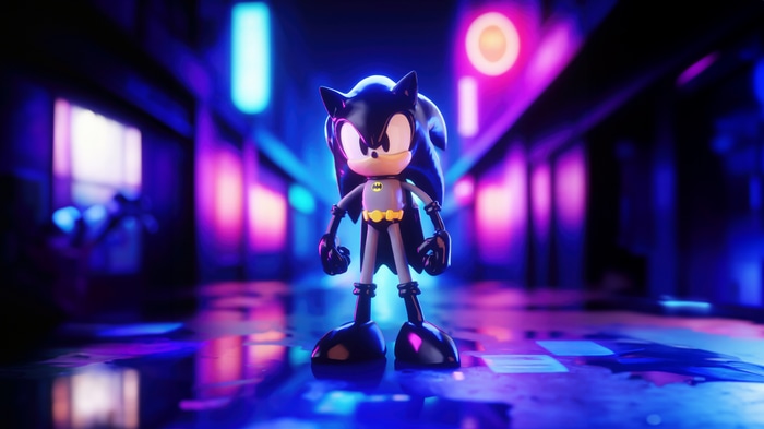 Sonic the Hedgehog as Batman in a neon city