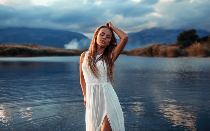 Maria Puchnina in a white dress by the water 4K