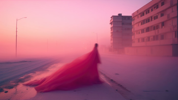 A figure in a pink dress in a foggy city