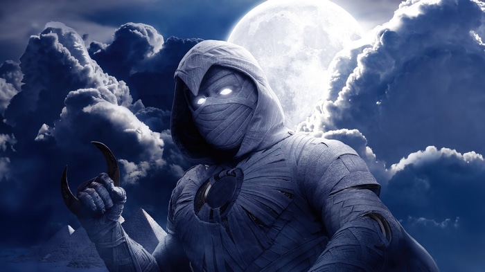 Moon Knight with Crescent Darts in Front of Moon and Clouds