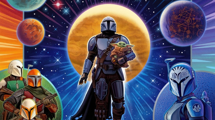 The Mandalorian and Grogu artwork with planets