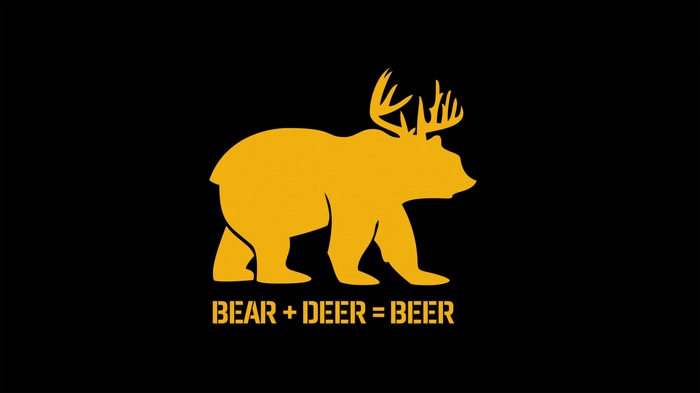 Bear with Deer Antlers and "BEAR + DEER = BEER" Text