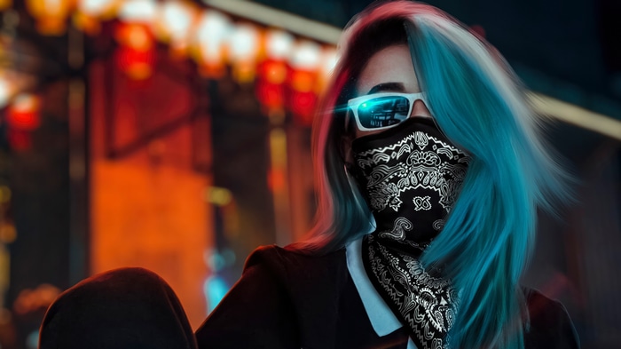 Artwork of a person with blue hair wearing sunglasses and bandana