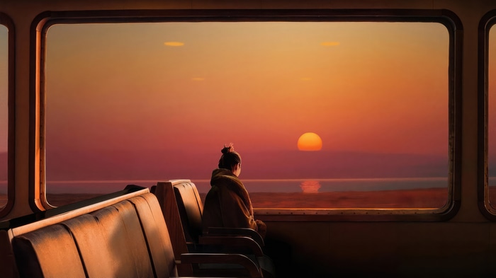 Artwork of a person watching a sunset from a train