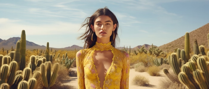 AI girl in a yellow dress in a desert landscape 4K