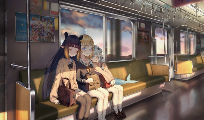 Anime girls on a train at sunset