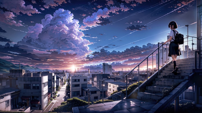 Anime girl on stairs overlooking city at sunset