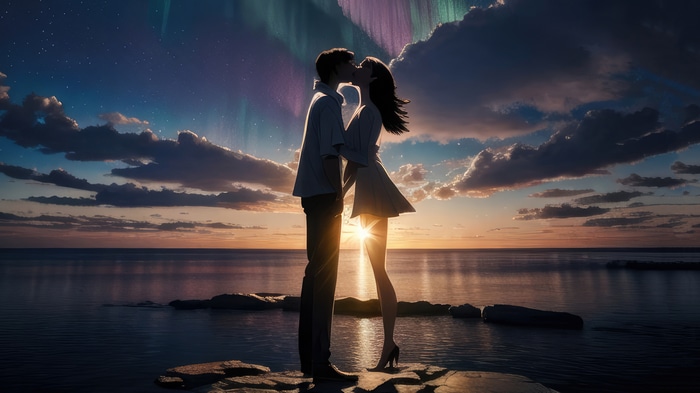 Couple kissing under the aurora borealis
