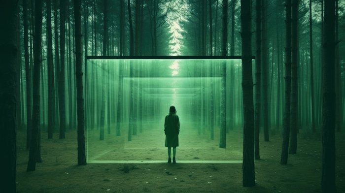 A person stands in a surreal forest with a glowing portal