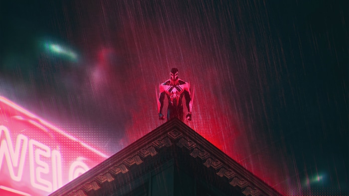 Spider-Man 2099 stands on a rooftop in the rain