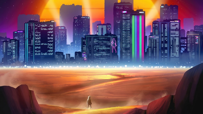 Synthwave artwork of a lone figure in a desert landscape facing a neon city