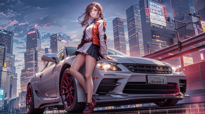 Anime Girl Posing with a Sports Car in a City