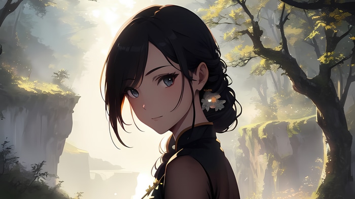 Anime girl with black hair in a black dress