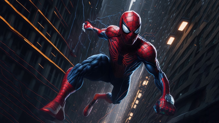 Spiderman swinging through a dark city at night