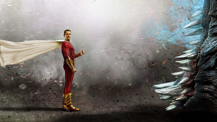 Shazam facing a monster in Shazam! Fury of the Gods 4K