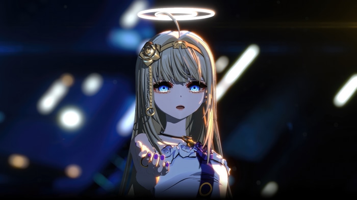 CryMachina character with halo and blue eyes