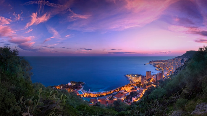 Monaco cityscape at sunset with ocean view