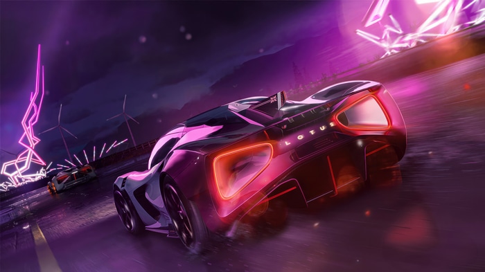Lotus Evija racing on a neon track