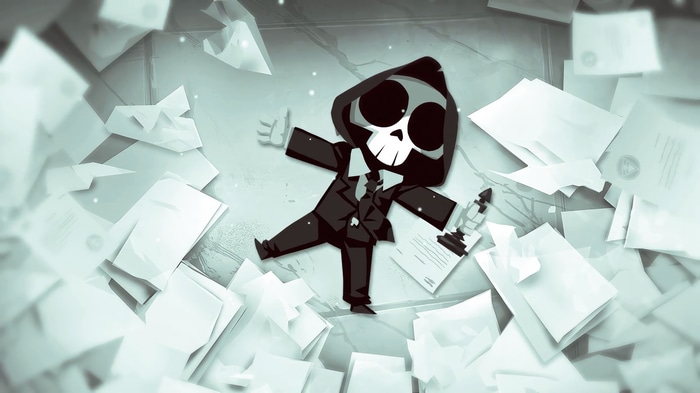 Have a Nice Death character lying in papers