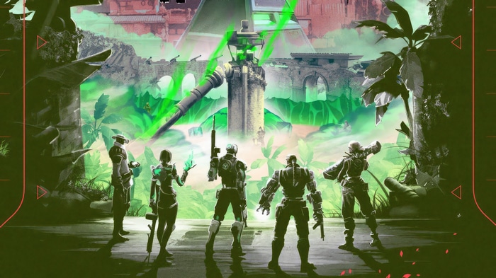 Valorant characters in a jungle ruin with green energy