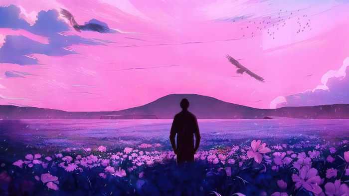 Man in a field of flowers with birds in the sky