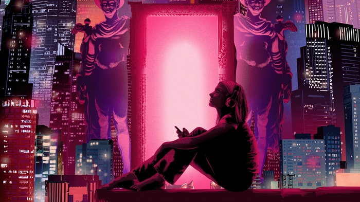 Artwork of a woman listening to music in a city