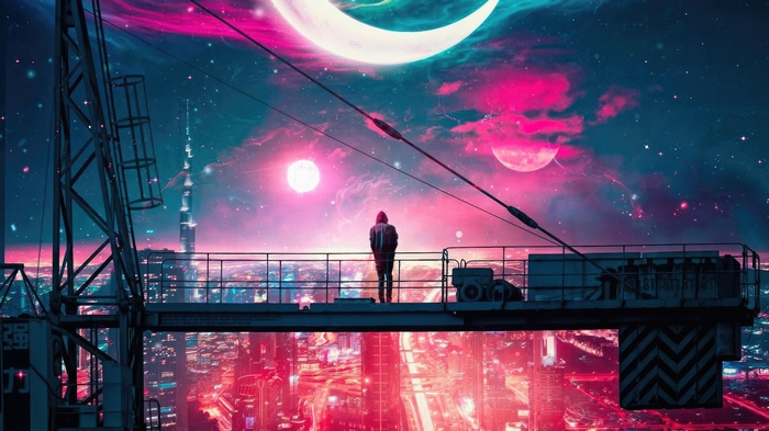 Digital art of a person standing on a crane overlooking a city