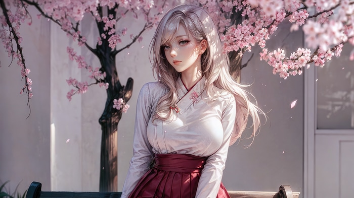 Anime girl in traditional Korean clothing under cherry blossoms