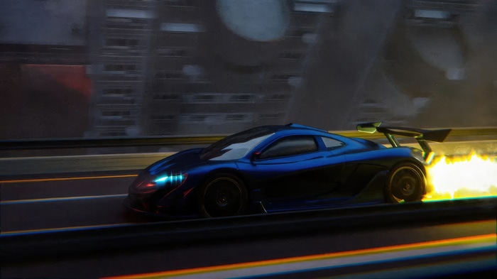 Blue McLaren P1 Driving with Flames