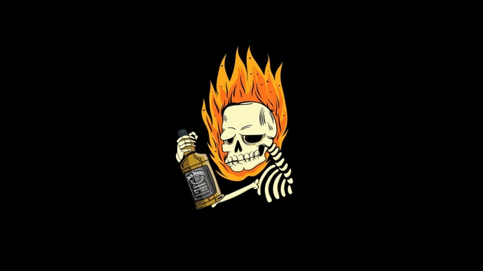 Skeleton on fire holding Jack Daniels bottle