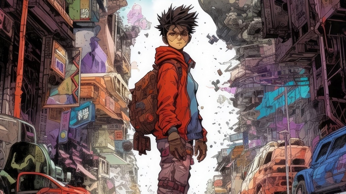 Anime character with backpack in a futuristic city