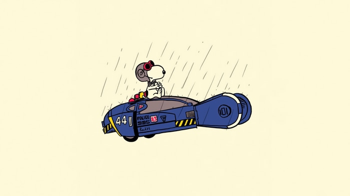 Snoopy in a Blade Runner police spinner