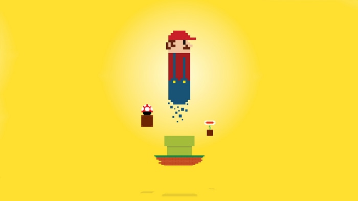 Minimalist Pixel Art Mario Jumping Out of a Pipe